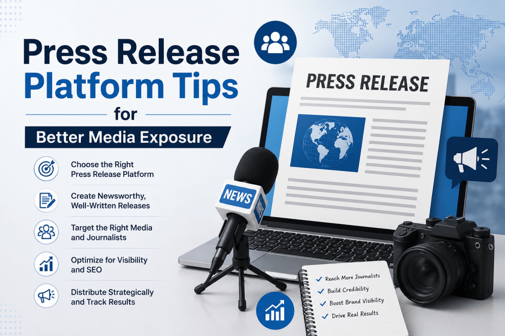 Press release platform tips infographic featuring a laptop, press release document, microphone, and camera for better media exposure and SEO visibility.